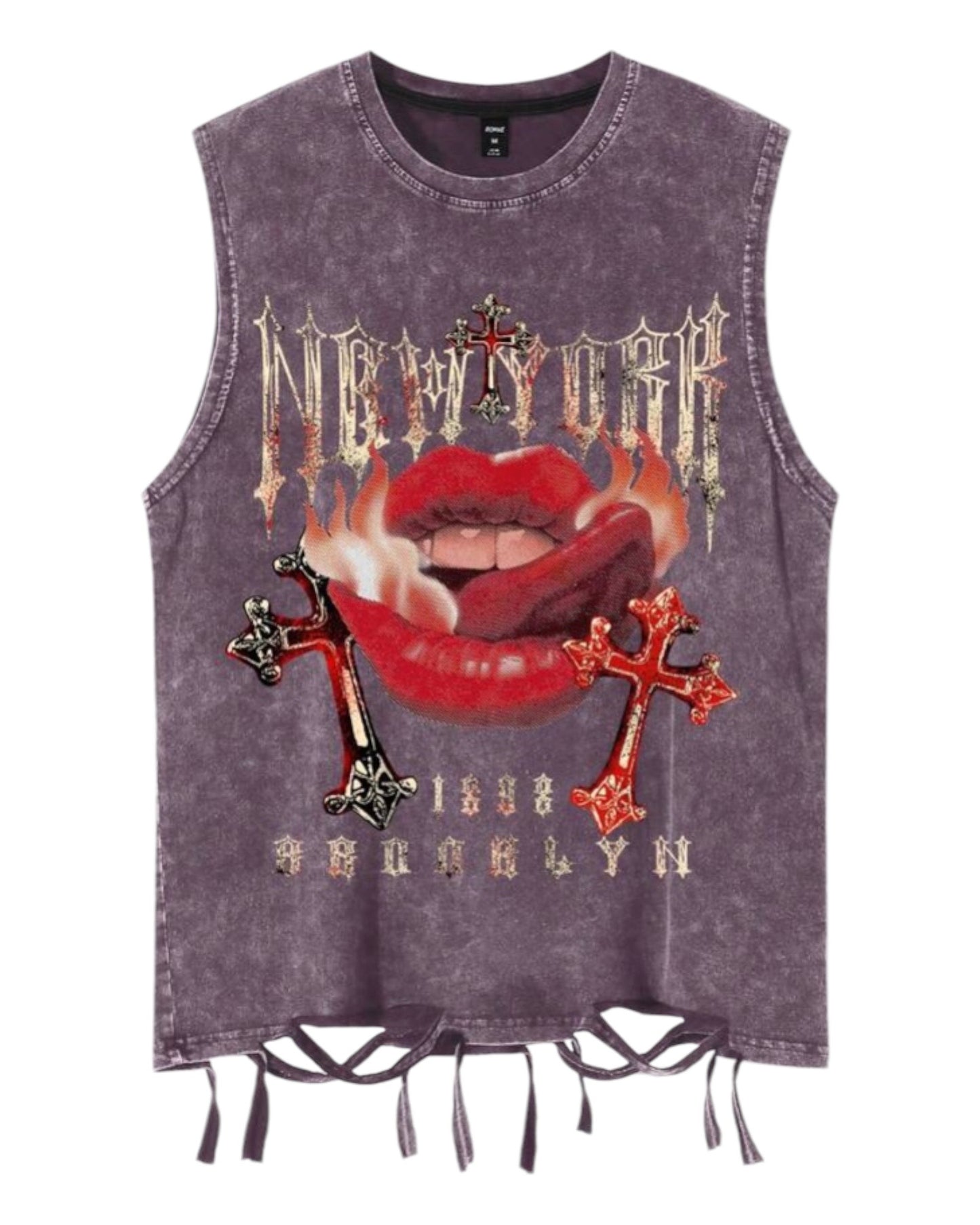 Mouth Print Washed Distressed Sleeveless Tank Top