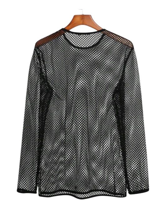 Round Neck Long Sleeve Hollow Minimalist Sheer Casual Top